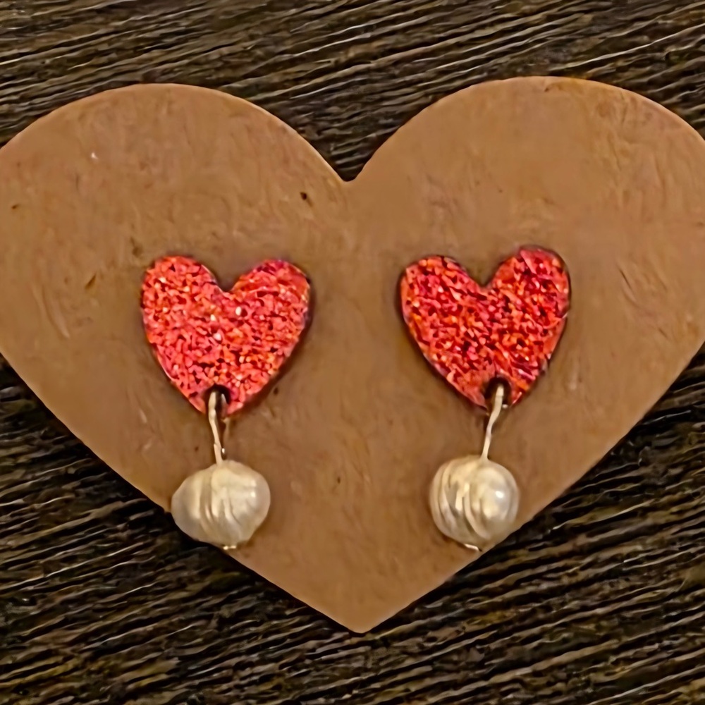 Hand Crafted Red Heart Earrings with Pearl